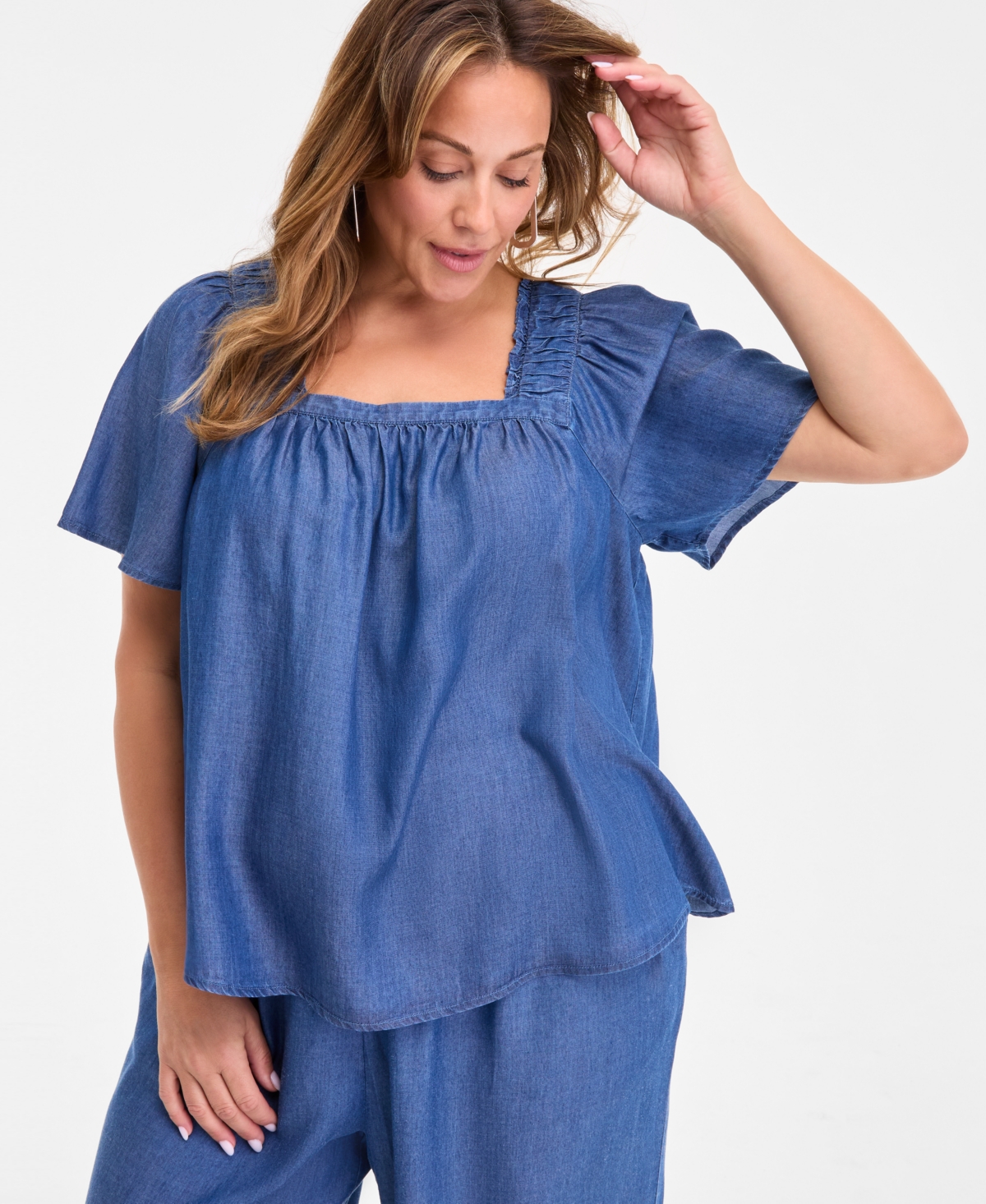 Style & Co Plus Size Smocked-square-neck Short-sleeve Cotton Top, Exclusively At Macy's