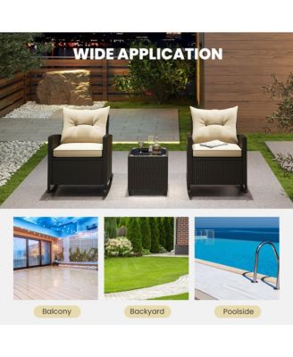 3 Piece Outdoor Rocking Set Rattan Rocking Chair Set w/ Tempered Glass Table Seat