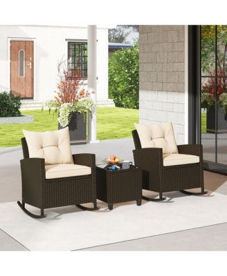 3 Piece Outdoor Rocking Set Rattan Rocking Chair Set w/ Tempered Glass Table Seat