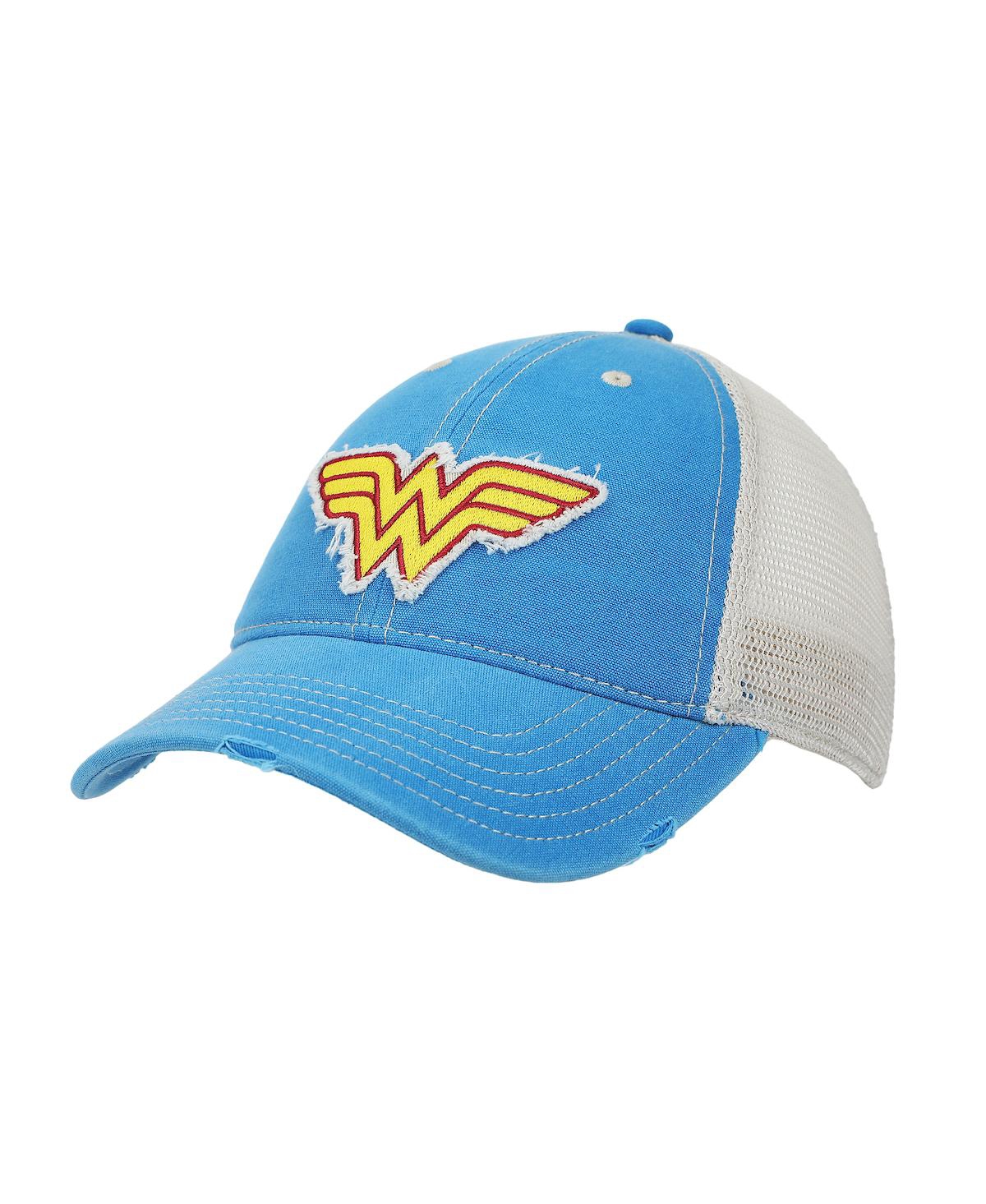Wonder Woman Logo Women's Blue Washed Distressed Cut Fabric Unstructured Baseball Cap - Wonder woman logo blue