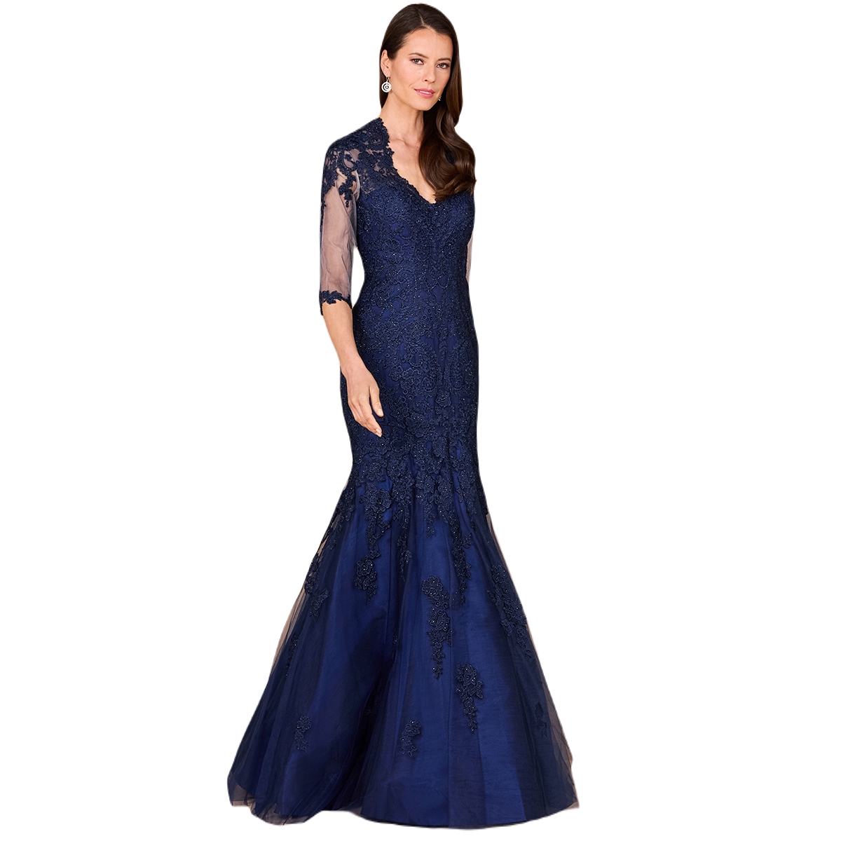 Women's Long Sleeve, Mermaid Lace Gown - Navy