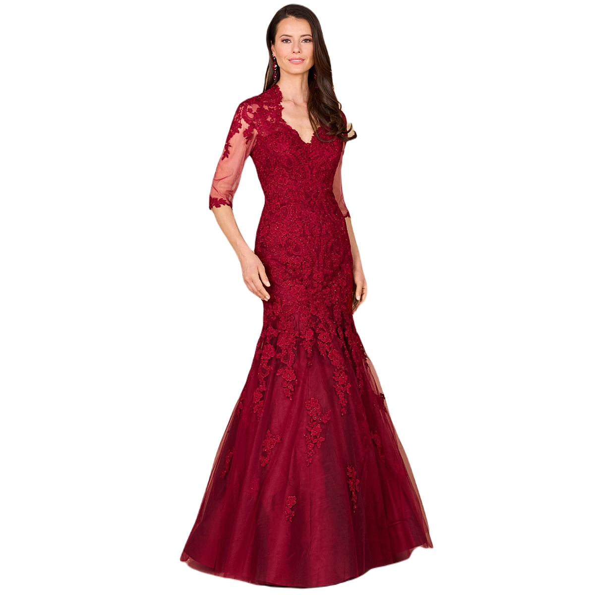 Women's Long Sleeve, Mermaid Lace Gown - Navy