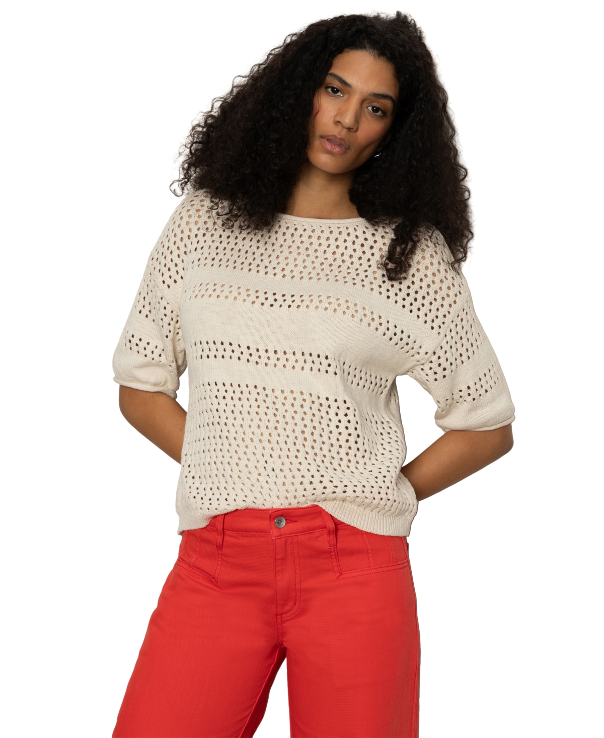 Sanctuary Stripe Open Stitch Elbow Sleeve Cotton Sweater
