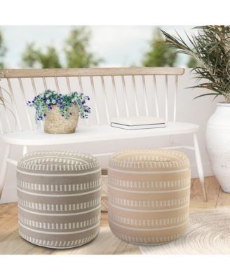 Striped Round Polyester Pouf Ottoman for Patio and Home Decor
