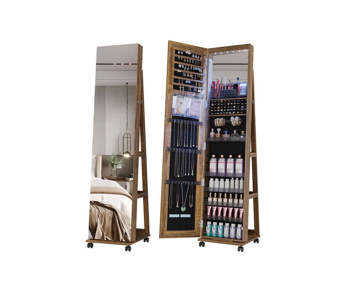 Led Jewelry Mirror Cabinet with Lights, Lock, and Rotating Function - Brown