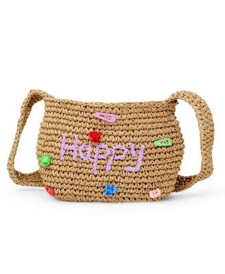 Girls Wicker Crossbody Message Charm Tote, Hot Pink "Love"