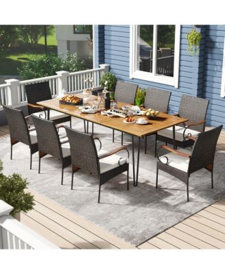 9 PCS Outdoor Patio Dining Set Acacia Wood Square & Table Armchairs Set of 8