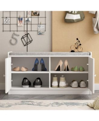 Shoe bench with movable shelves, white wooden shoe rack with two doors and four storage compartments, Entryway Bench