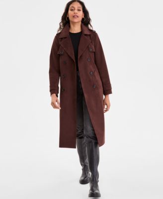 Petite Double-Breasted Faux-Suede Belted Trench Coat