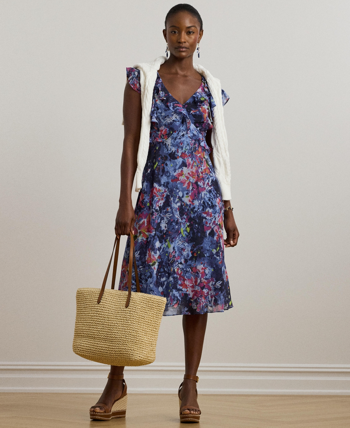 Ralph Lauren Petite Print Ruffle-trim Georgette Midi Dress In Blue