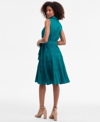 Petite Cotton Belted Pleated Tiered Shirtdress