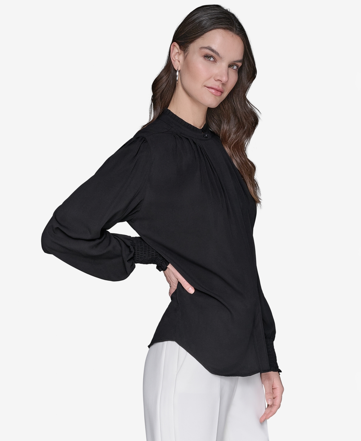 Karl Lagerfeld Women's Blouson-sleeve Button-front Blouse In Black