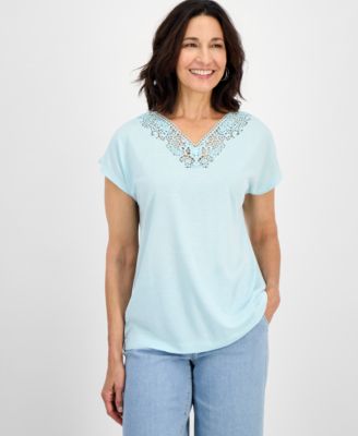 Style & Co - Women's Lace-Trim V-Neck Short-Sleeve T-Shirt
