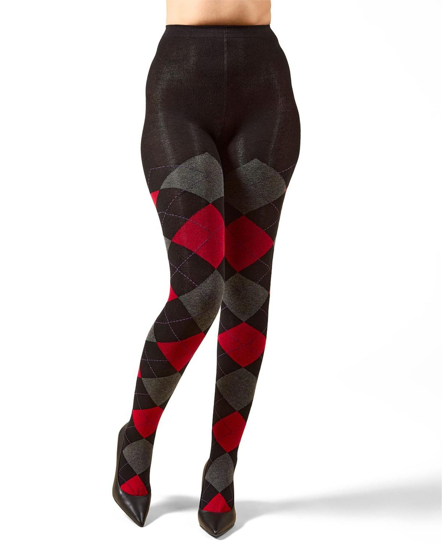 Женские колготки MeMoi Textured Argyle Patterned Sweater Tights, цвет: Чёрный / Красный — фото 2