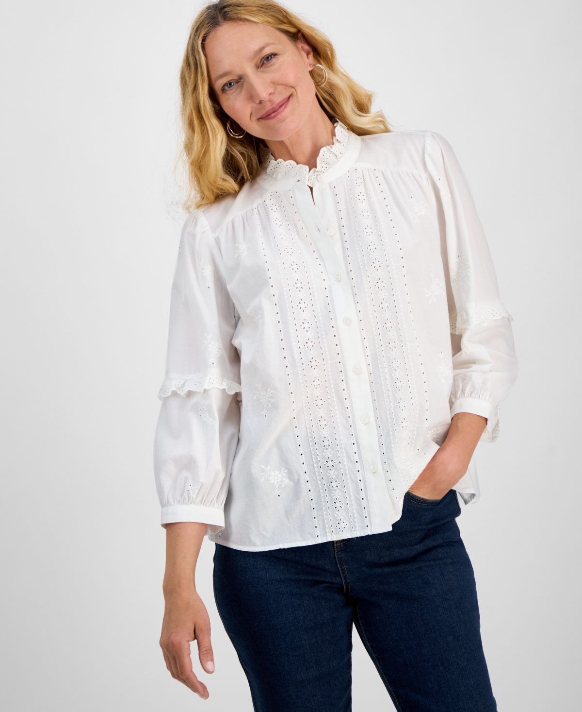 Women's Cotton Eyelet-Front 3/4-Puff Sleeve Blouse, Exclusively at Macy's - Minty Turquoise