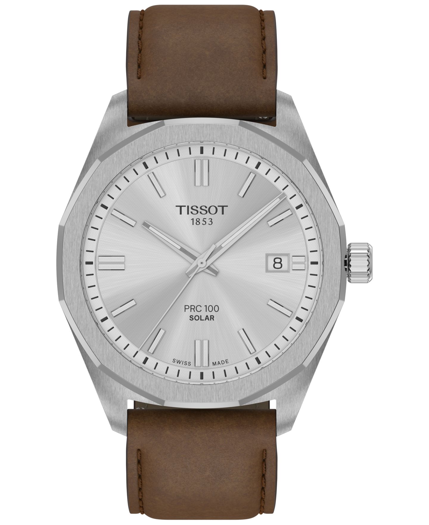 Мужские часы Tissot Swiss PRC 100 Solar Quartz Brown Leather Strap Watch 39mm — фото 1