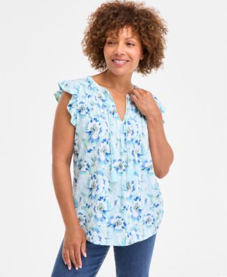 Style & Co Women's Printed Flutter-Sleeve Pintuck Blouse