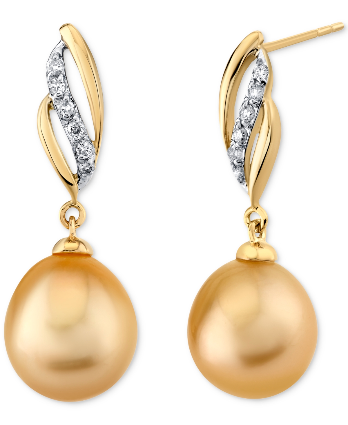 Cultured Golden South Sea Pearl (9mm) & Diamond (1/10 ct. t.w.) Drop Earrings in 14k Gold - Yellow Gold