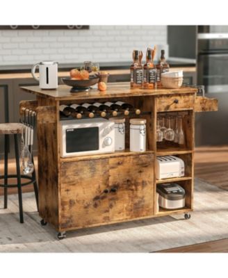 Rolling Kitchen Island Cart with Drop-Leaf and Wine Rack