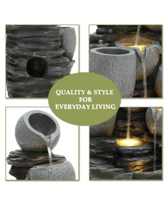 3-Tier Gray Pots on Stacked Rocks 2.5-Feet Tall Outdoor Polyresin Fountain with Lights and Gray Side Planter