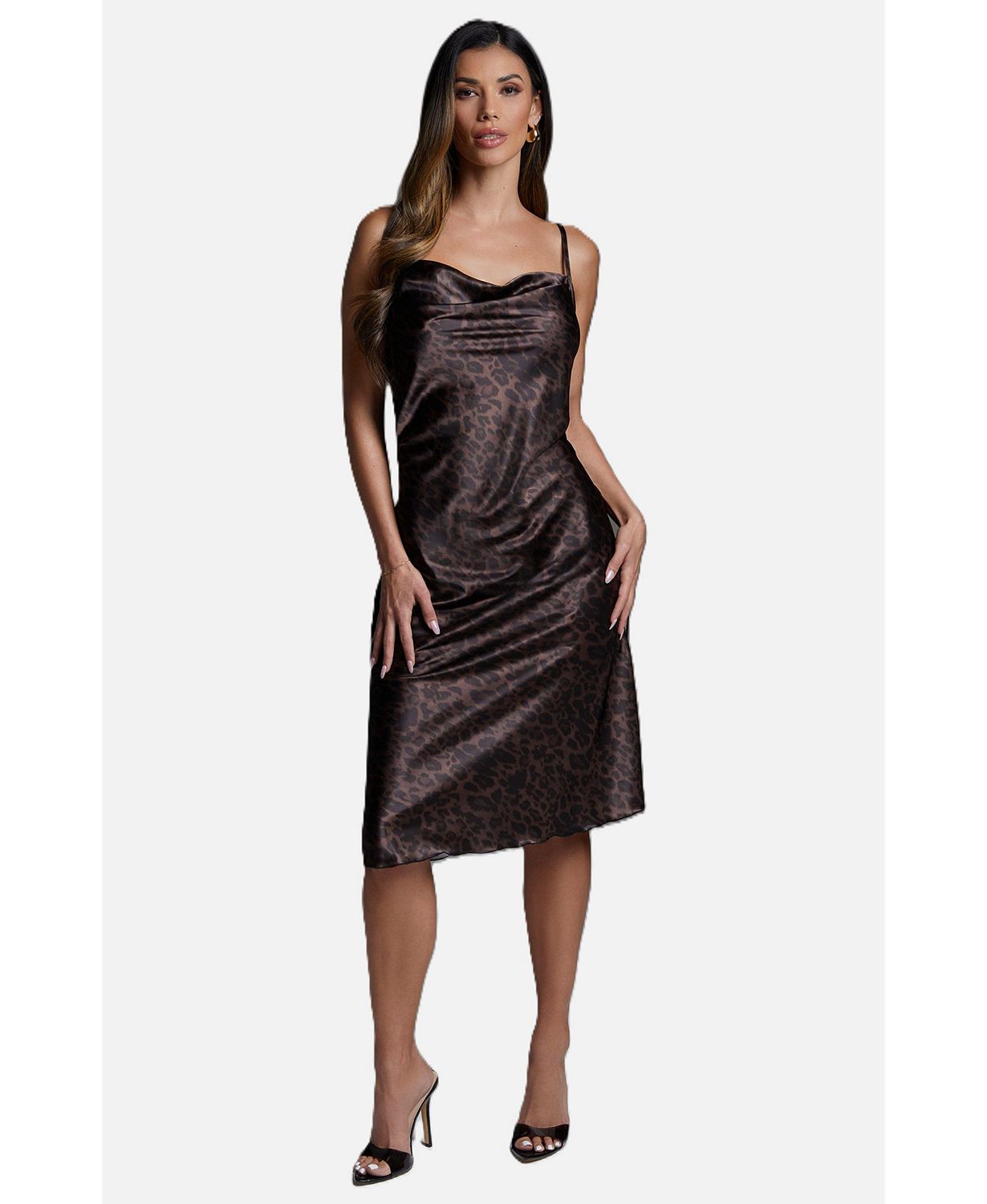 Women's Print Satin Cowl Midi Dress