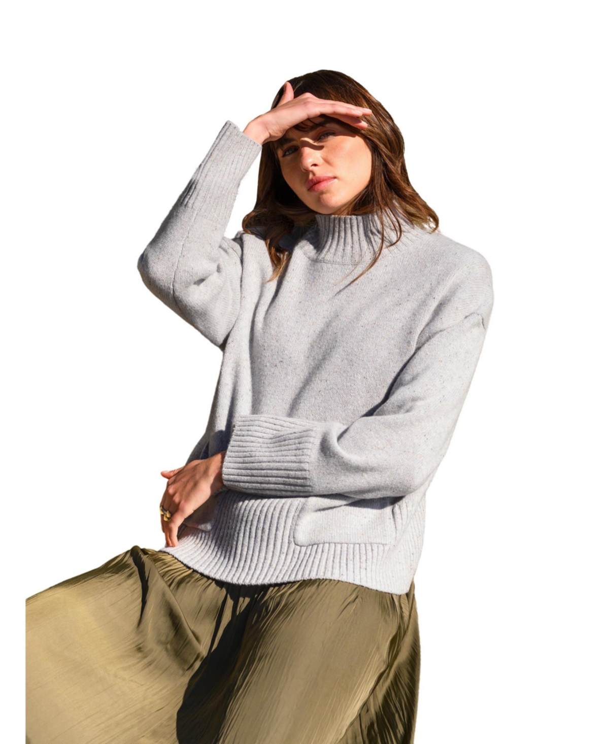 Women's Flecked Patch Pocket Funnel Neck Sweater - Light grey
