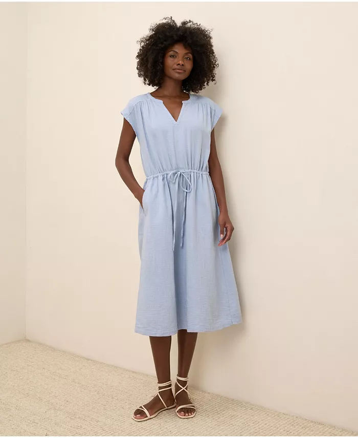 Women's Organic Cotton Coastal Double Gauze Tie Waist Midi Dress