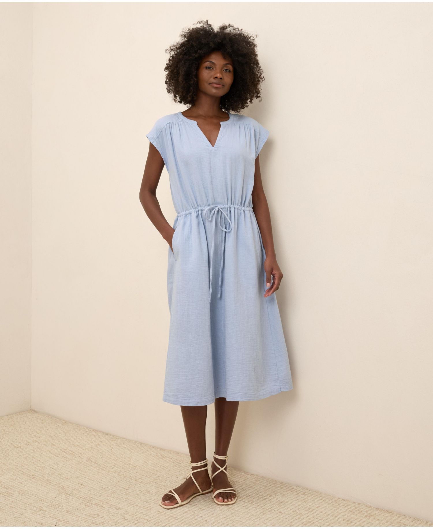 Women's Organic Cotton Coastal Double Gauze Tie Waist Midi Dress