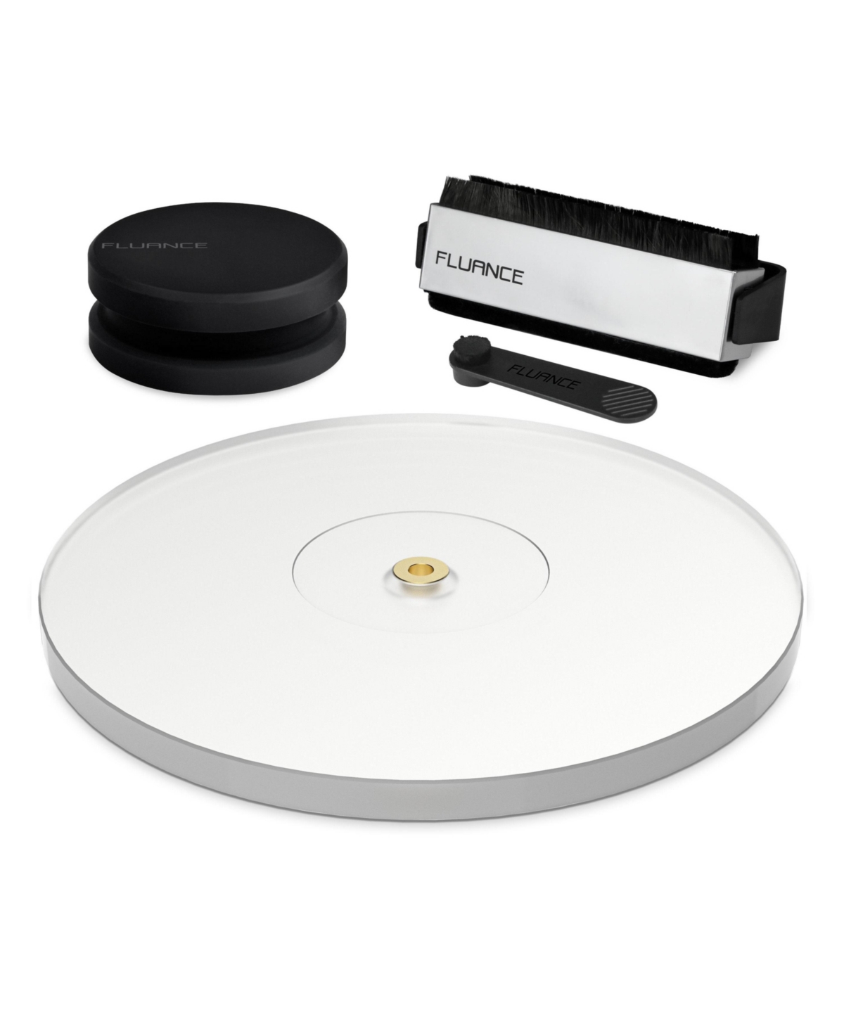 Fluance Vinyl Turntable and Record Accessory Kit With Record And Stylus Anti-Static Carbon Fiber Brushes, Frosted Acrylic Platter and Record Weight (V
