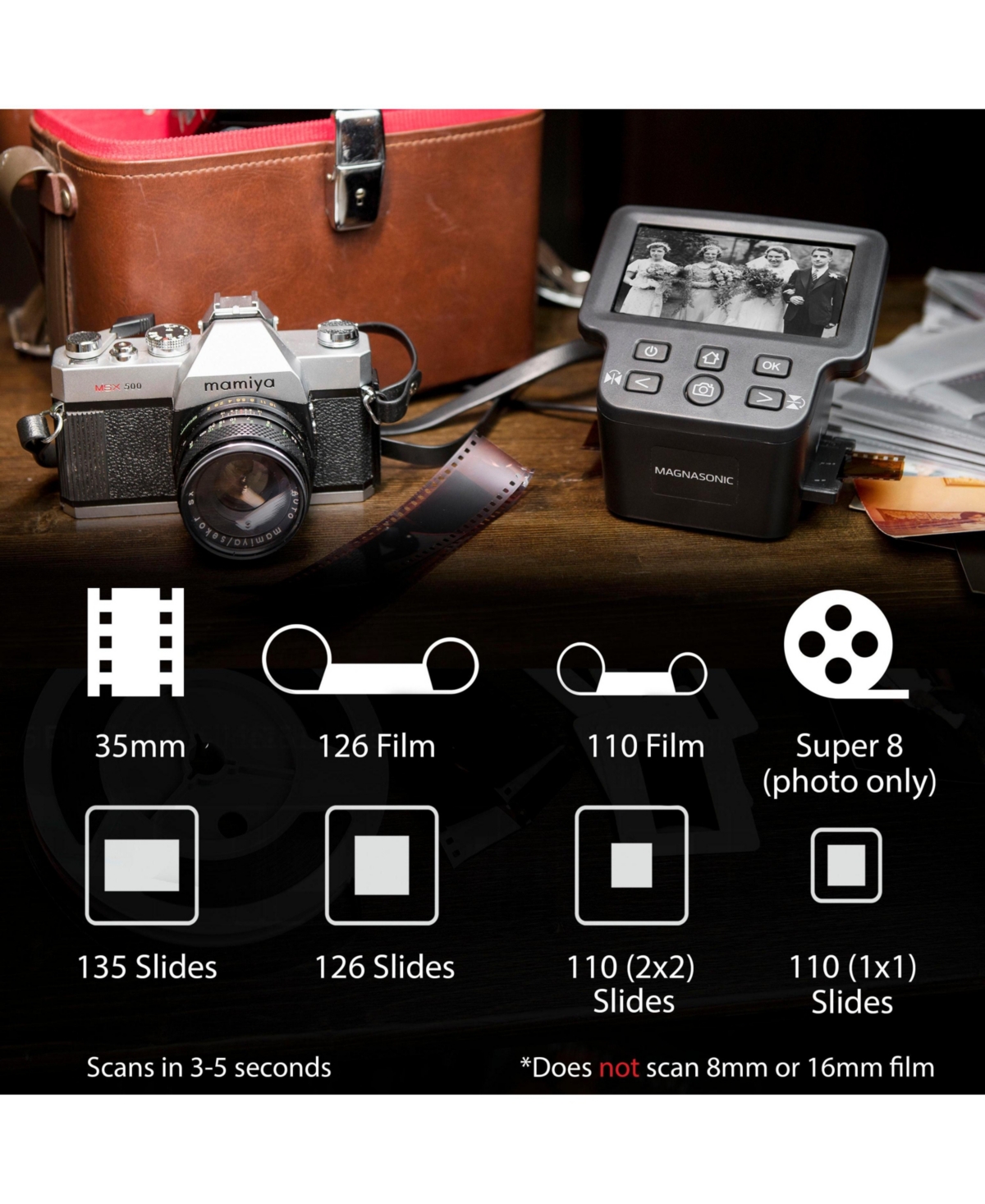 Magnasonic All-In-One 24MP Film Scanner with Large 5" Display & Hdmi, Long Tray 35mm Negative Film Holders, Converts 35mm/126/110/Super 8 Film &