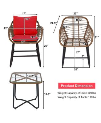 3PCS Patio Rattan Bistro Set Cushioned Chair Glass Table Deck