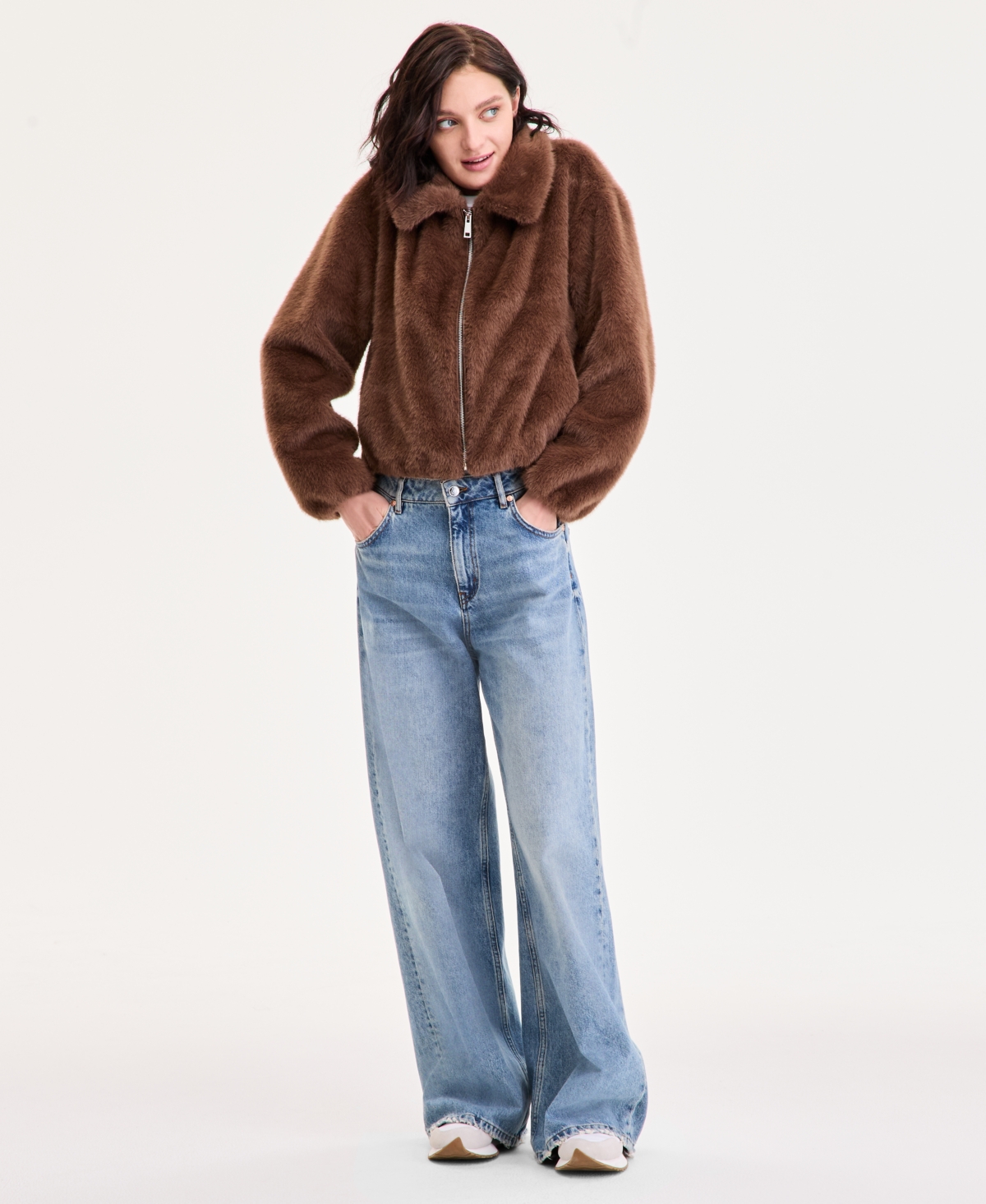 Cece Petite Zip-front Faux-fur Bomber Jacket In Brown
