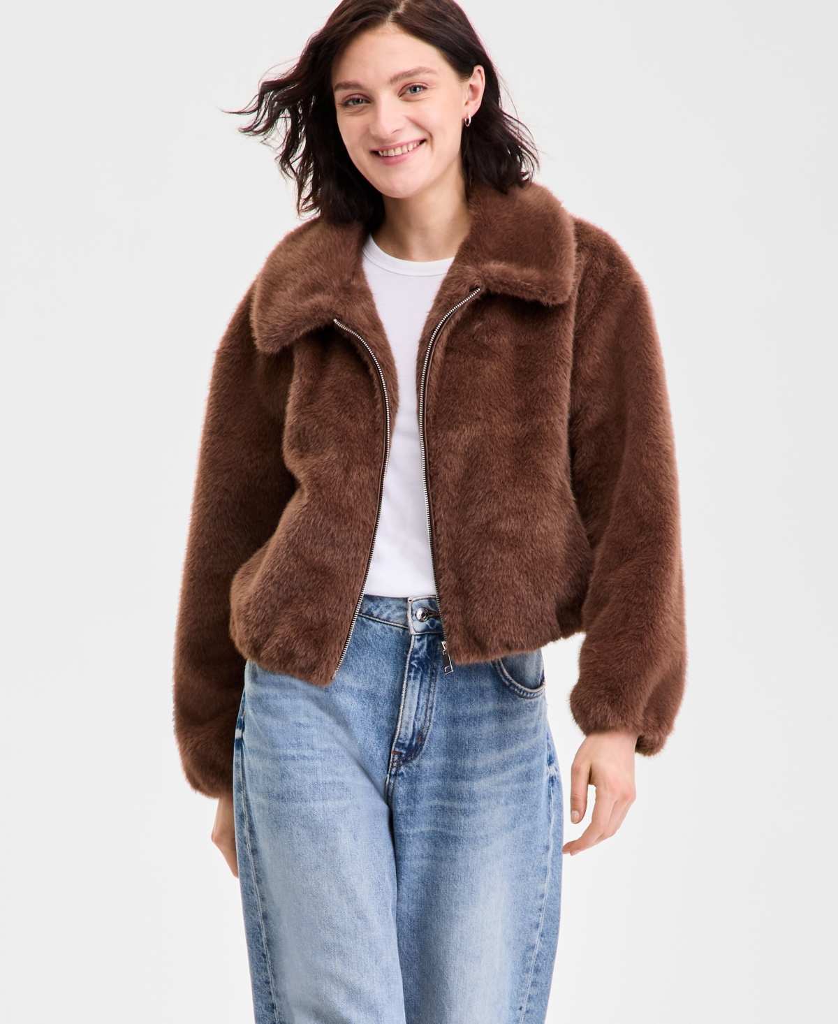 Cece Petite Zip-front Faux-fur Bomber Jacket In Brown