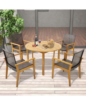 5 PCS Patio Dining Set Round Acacia Wood Table 4 Wicker Armchairs Outdoor Garden