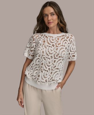 売れ筋商品|||ダナ キャラン ニューヨーク カットソー トップス レディース Women's Short-Sleeve Crochet Top Sand Donna Karan New York Women's Short-Sleeve Crochet Top - Macy's