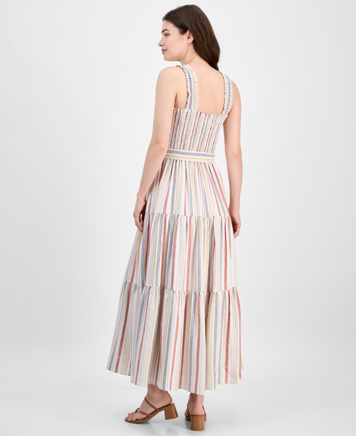 Anne Klein Smocked Bodice Belted Tiered Midi Sundress In Multi