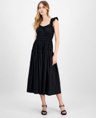 ruffle strap smocked midi dress Express Women's Scoop Neck Ruffle Strap Bow Front Smocked Midi Milkmaid Dress in Neutral Large