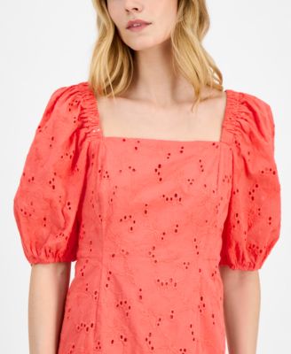 Women's Square-Neck Puff-Sleeve Eyelet Dress