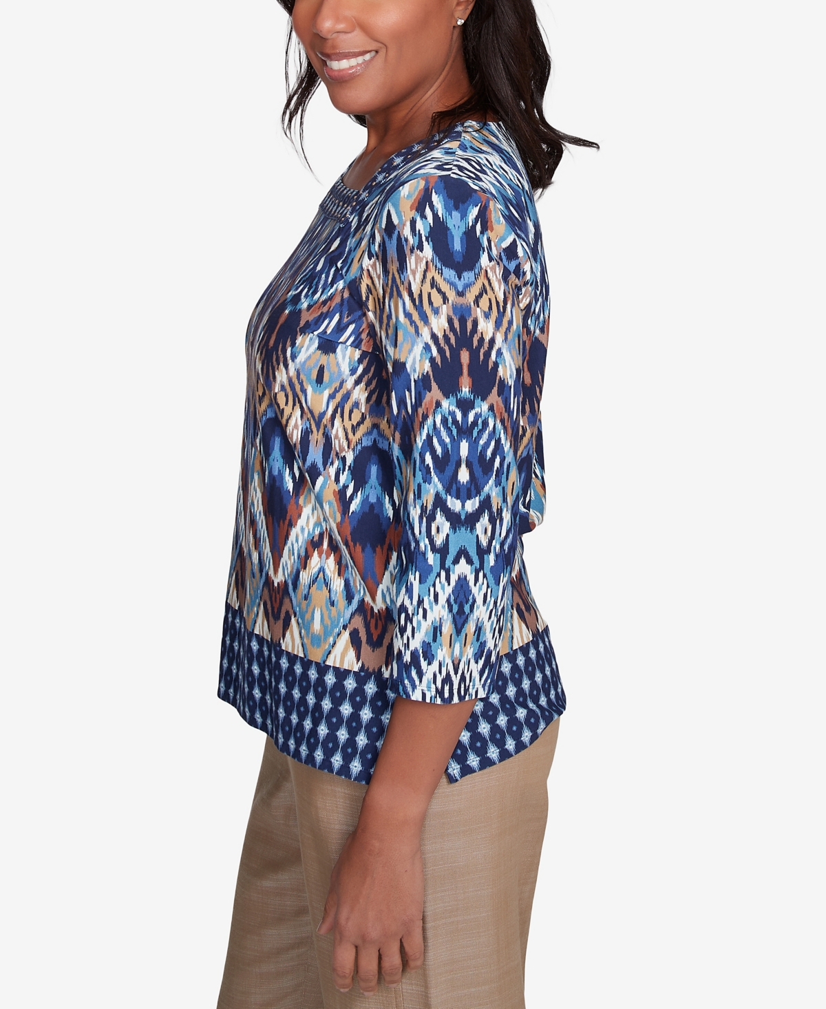 Alfred Dunner Plus Size Summer Solstice Ikat Diamond Border Square Neck Top In Navy Multi
