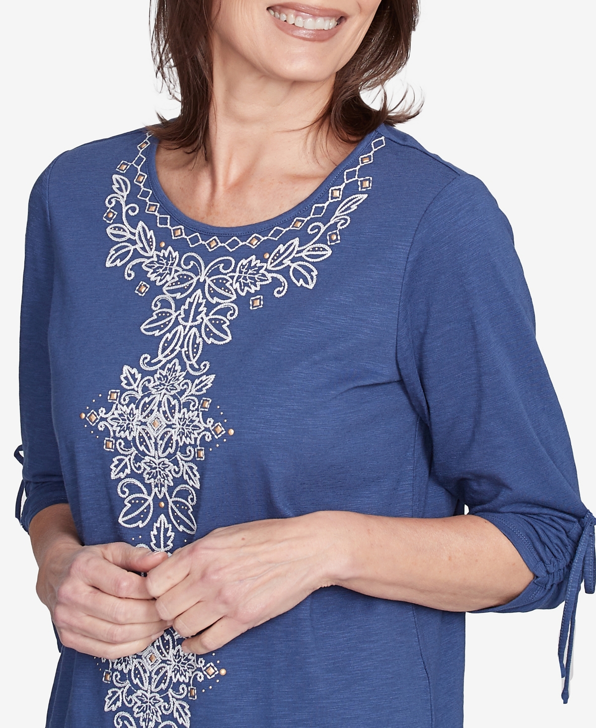 Alfred Dunner Plus Size Summer Solstice Embroidery Centered Tie Sleeve Top In Blueberry
