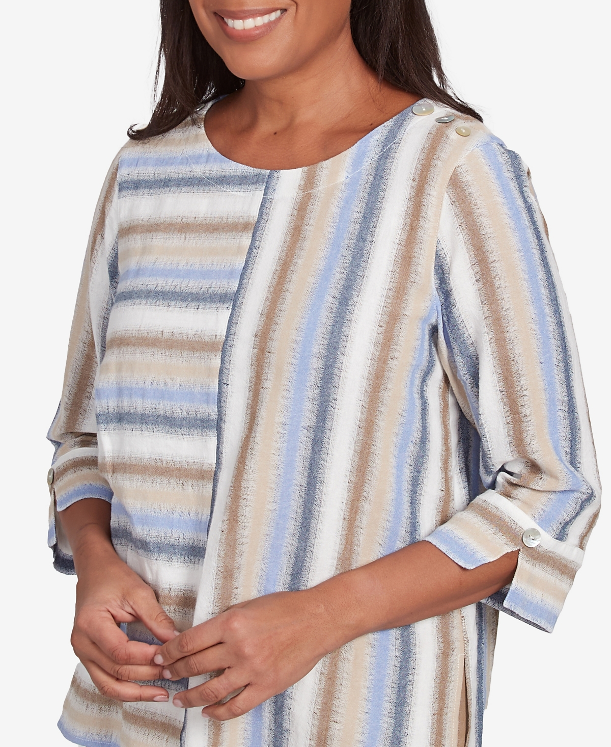 Alfred Dunner Plus Size Summer Solstice Spliced Stripe Button Shoulder Crew Neck Top In Neutral Multi