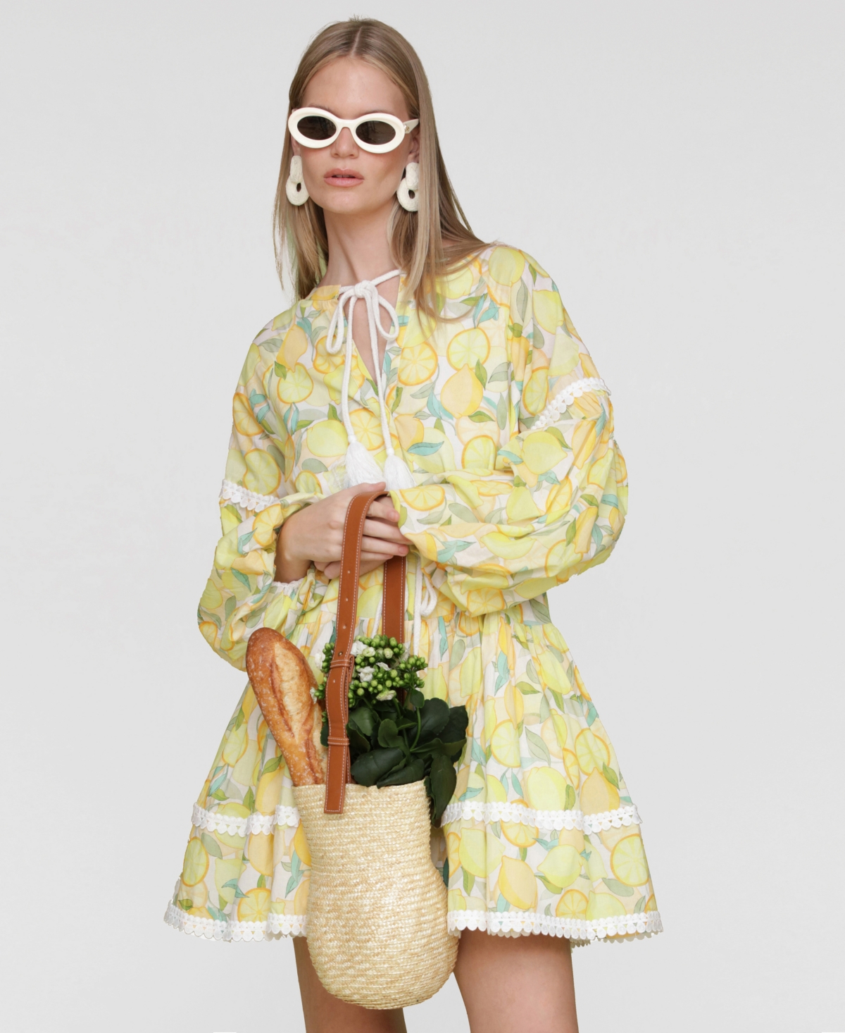 Avec Les Filles Women's Cotton Lemon-print Split-neck Prairie Mini Dress