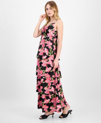 Women's Printed Satin Tiered Cowlneck Maxi Dress