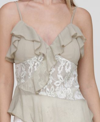 Women's Ruffle Lace-Panel Asymmetric Top