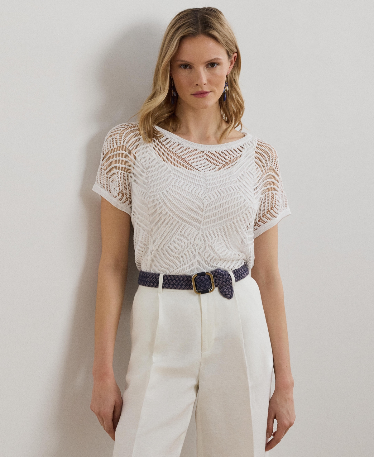 Women's Geo-Motif Mesh Short-Sleeve Sweater - White