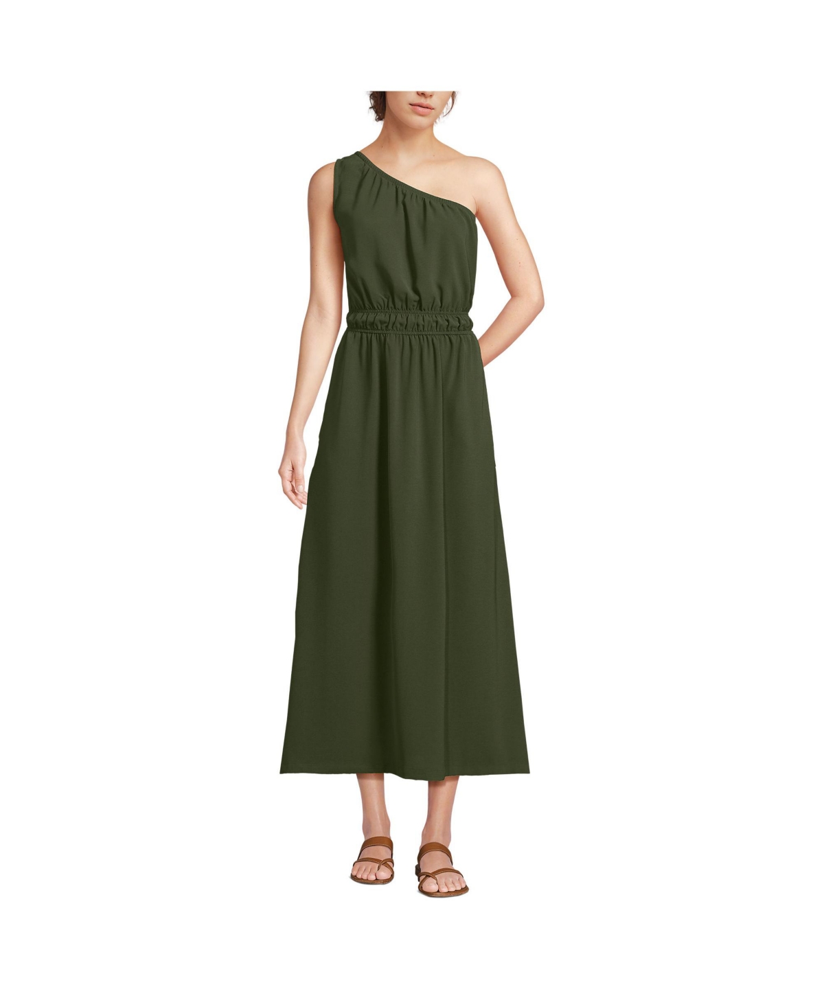 Lands' End Women's Creaseless One Shoulder Midi Dress - Dark cilantro green