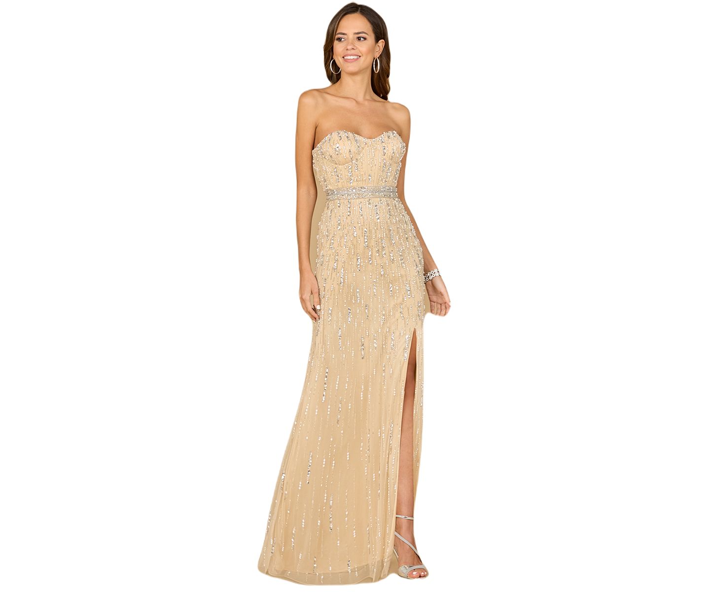 Женское платье Lara Strapless Beaded Gown with Slit - Outlet, цвет: Шампань жемчужный — фото 1