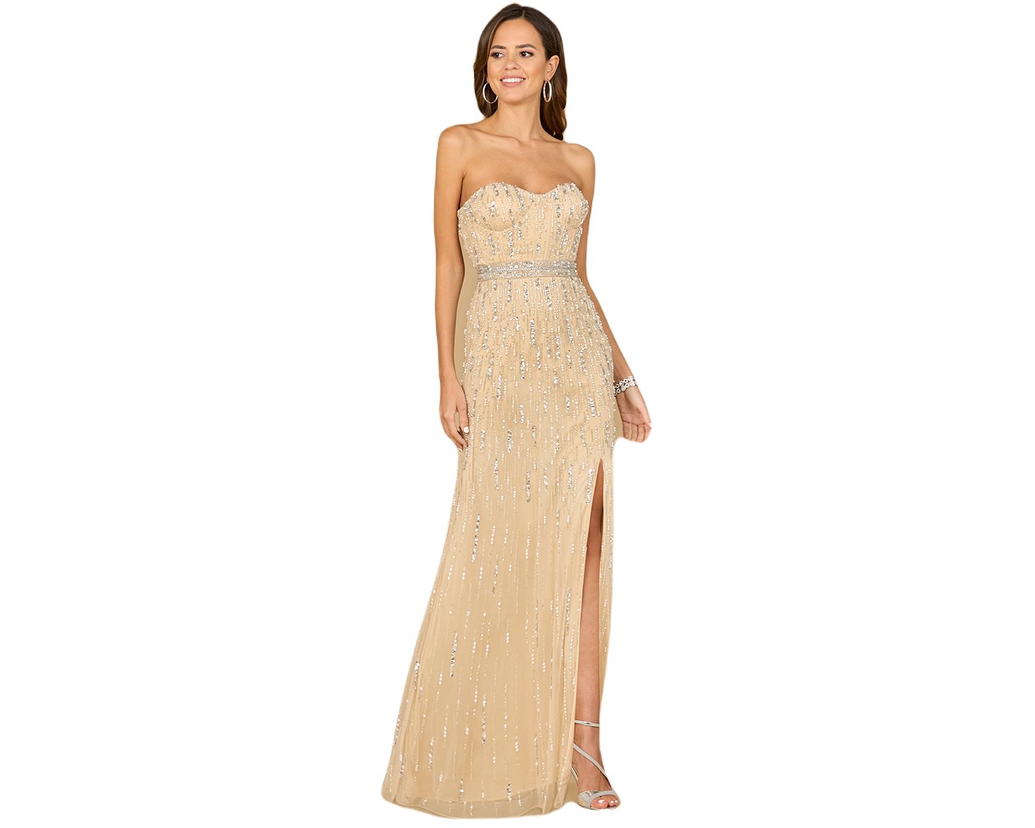 Women's Strapless Beaded Gown with Slit - OUTLET