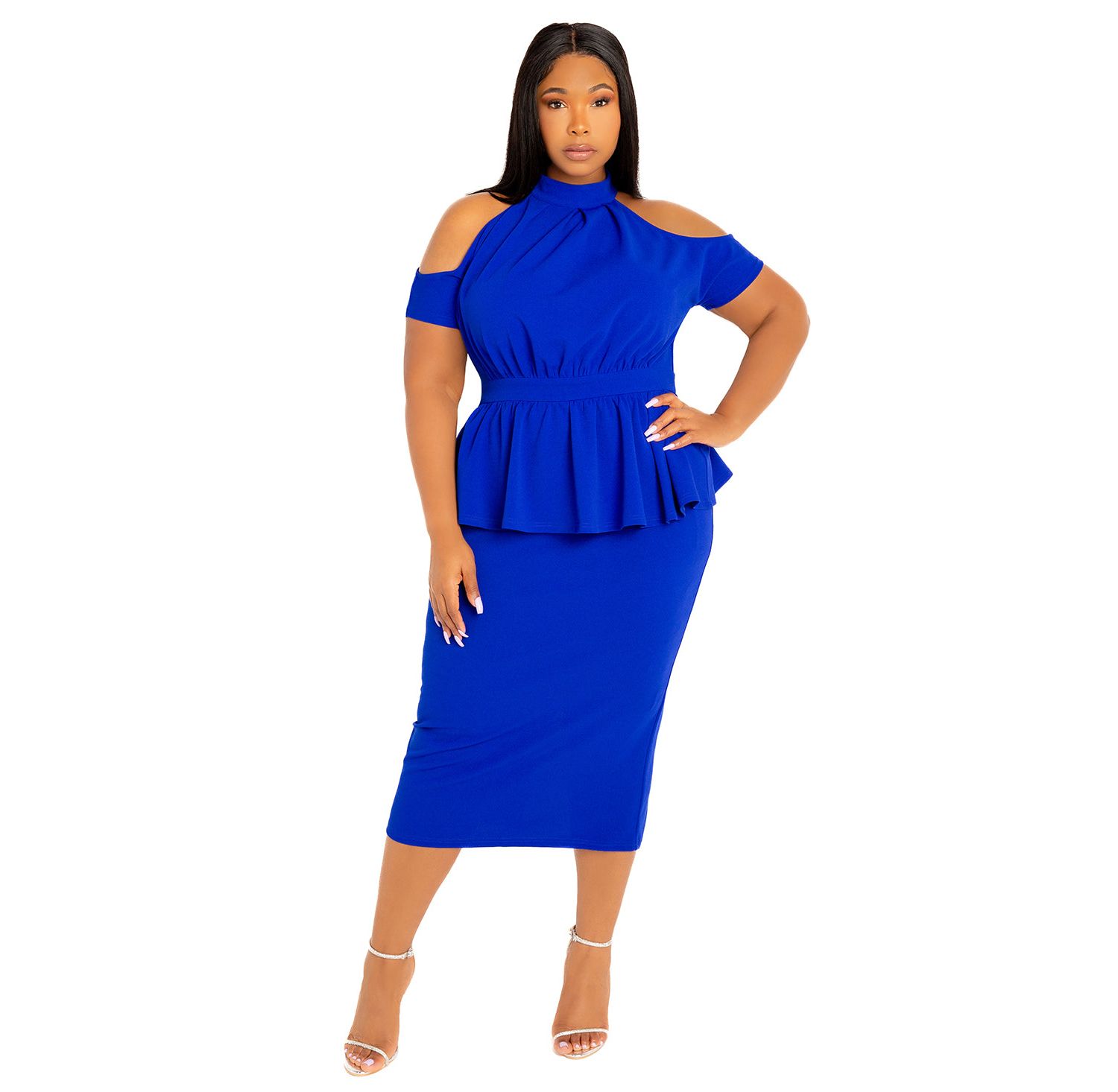 Plus Size Cut-out Shoulder Peplum Midi Dress