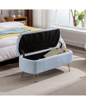 Modern Faux Fur Upholstered Storage Ottoman Bench with Metal Legs, Padded Seat for Entryway, Bedroom, or Hallway